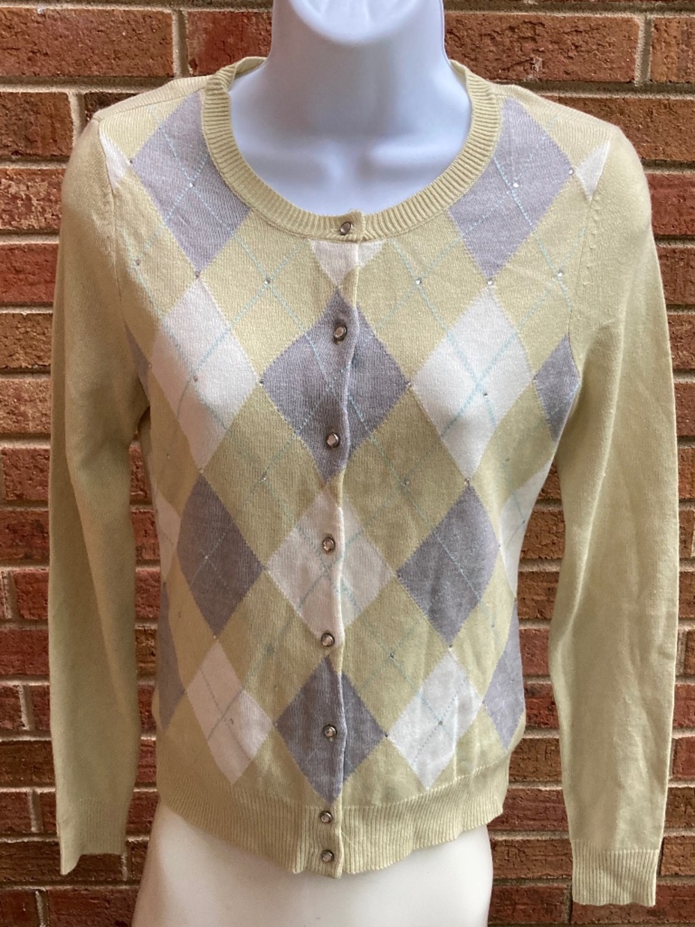New York & Company Rhinestone Argyle Cardigan Sweater  - Size: XS